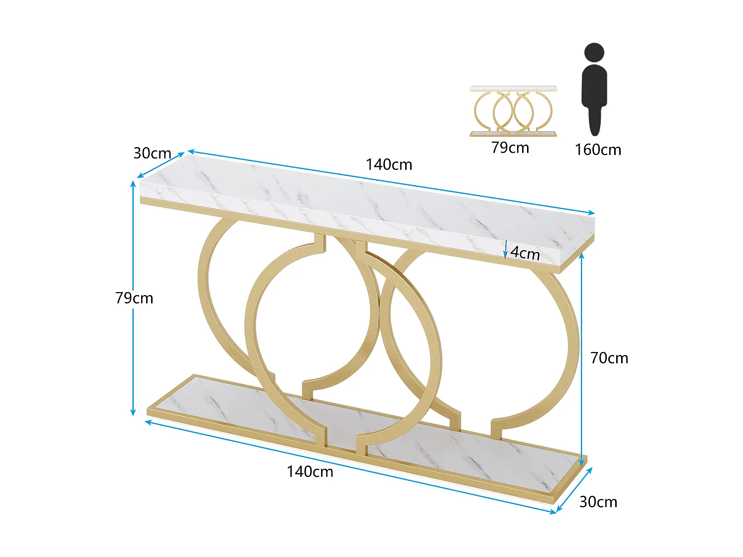 Table Console dorée de 140 cm, Table d'entrée Moderne avec Pieds en métal doré en Forme de O, Imitation marbre Blanc, Table d'entrée pour Salon
