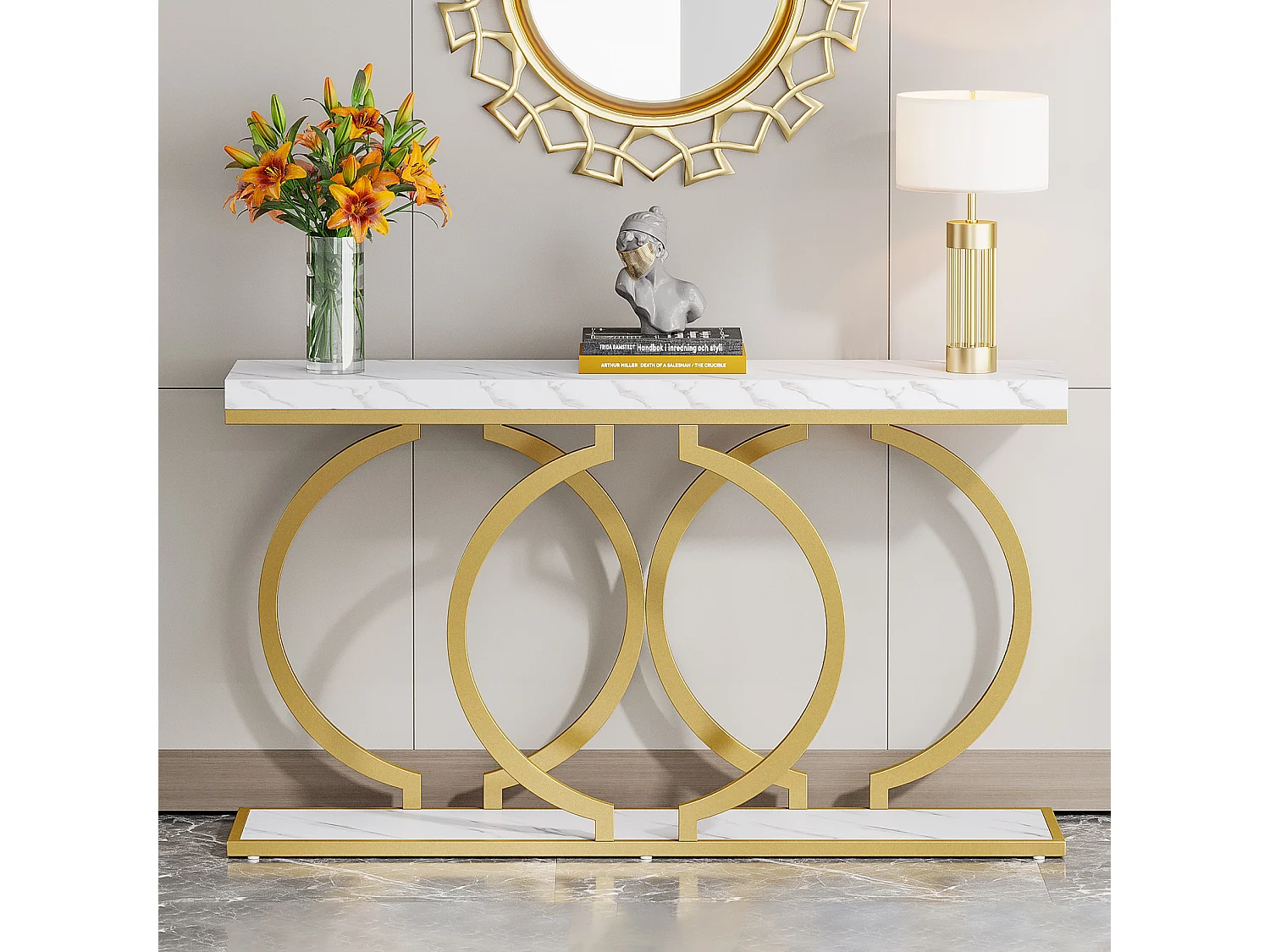 Table Console dorée de 140 cm, Table d'entrée Moderne avec Pieds en métal doré en Forme de O, Imitation marbre Blanc, Table d'entrée pour Salon