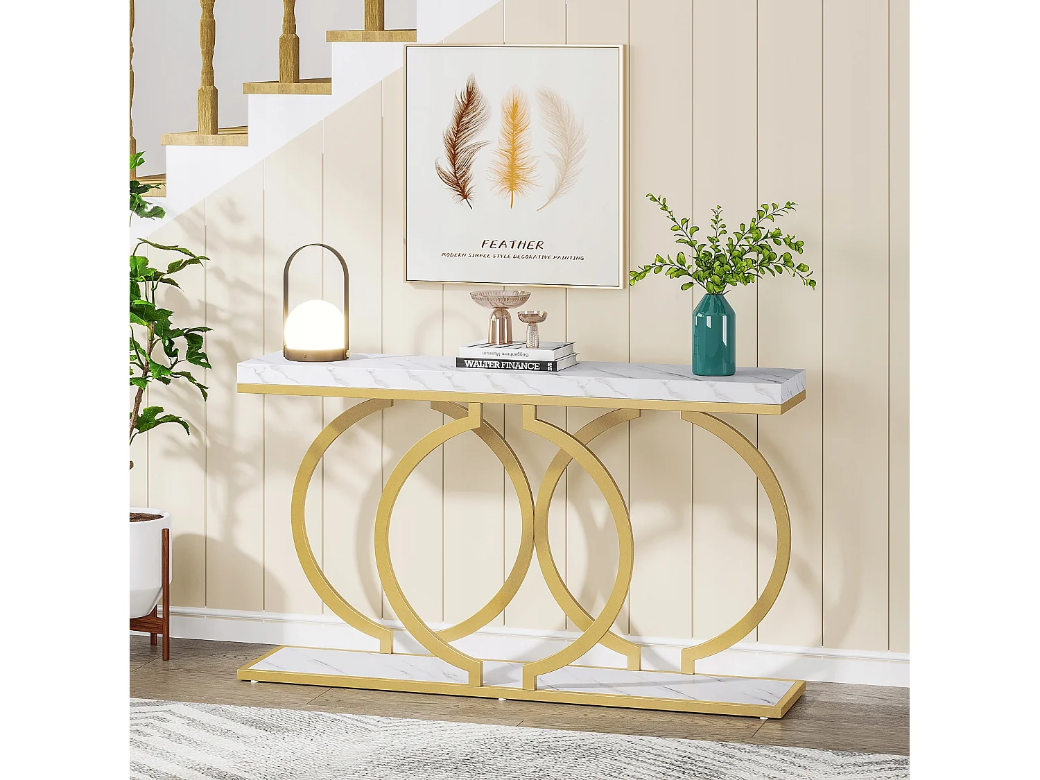 Table Console dorée de 140 cm, Table d'entrée Moderne avec Pieds en métal doré en Forme de O, Imitation marbre Blanc, Table d'entrée pour Salon
