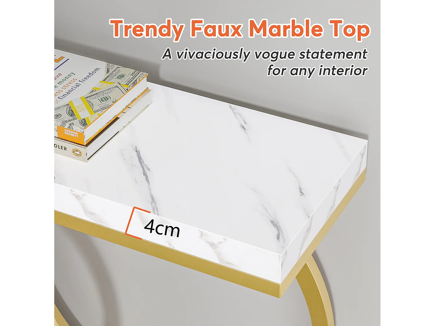 Table Console dorée de 140 cm, Table d'entrée Moderne avec Pieds en métal doré en Forme de O, Imitation marbre Blanc, Table d'entrée pour Salon