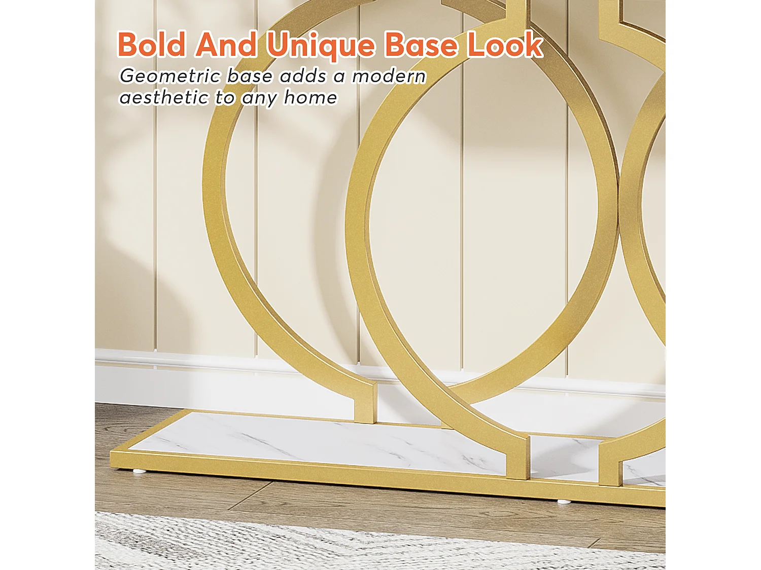 Table Console dorée de 140 cm, Table d'entrée Moderne avec Pieds en métal doré en Forme de O, Imitation marbre Blanc, Table d'entrée pour Salon