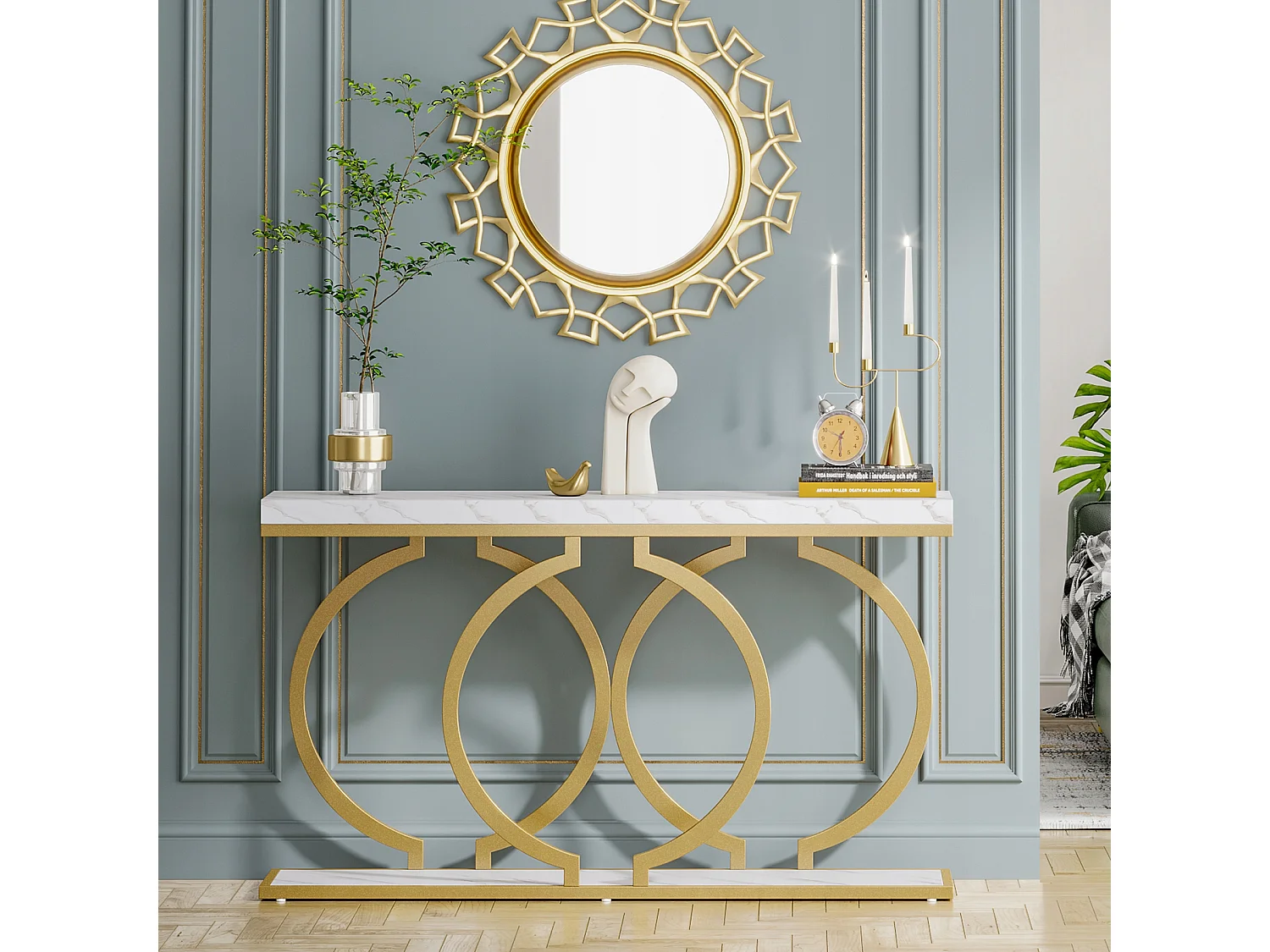 Table Console dorée de 140 cm, Table d'entrée Moderne avec Pieds en métal doré en Forme de O, Imitation marbre Blanc, Table d'entrée pour Salon