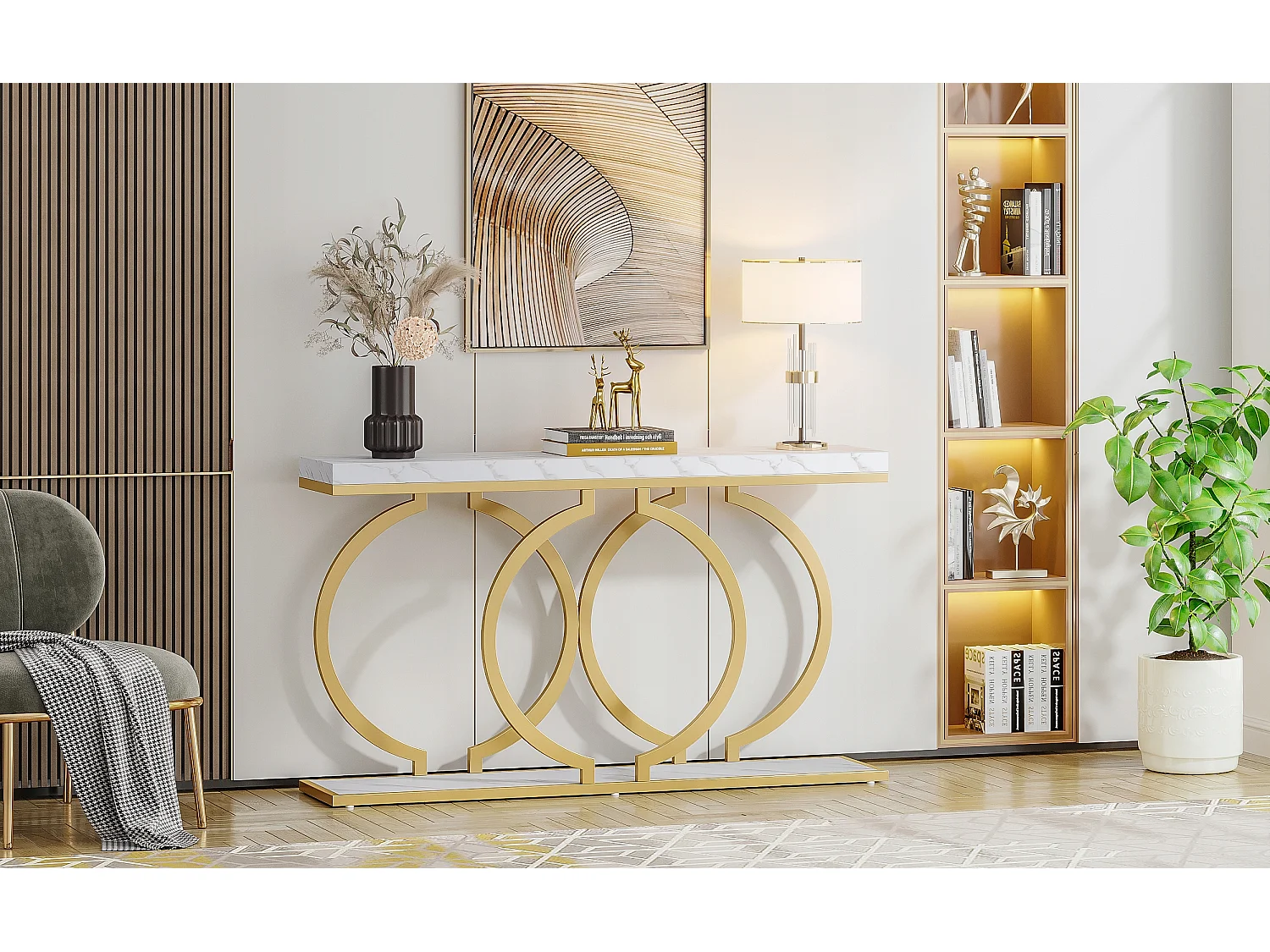 Table Console dorée de 140 cm, Table d'entrée Moderne avec Pieds en métal doré en Forme de O, Imitation marbre Blanc, Table d'entrée pour Salon