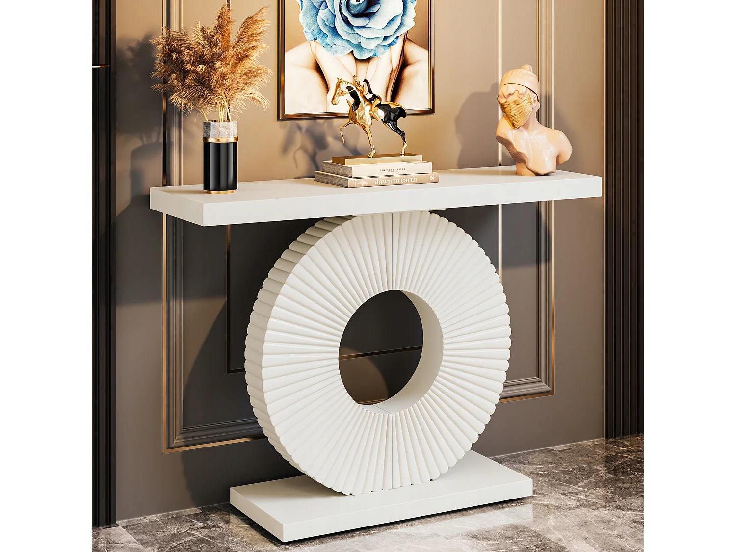 Table Console, Meuble d'Entrée avec Base Circulaire en Forme, Table d'Entrée de 100cm pour entrée Salon, Couloir, 100 x 30 x 79 cm, Blanc
