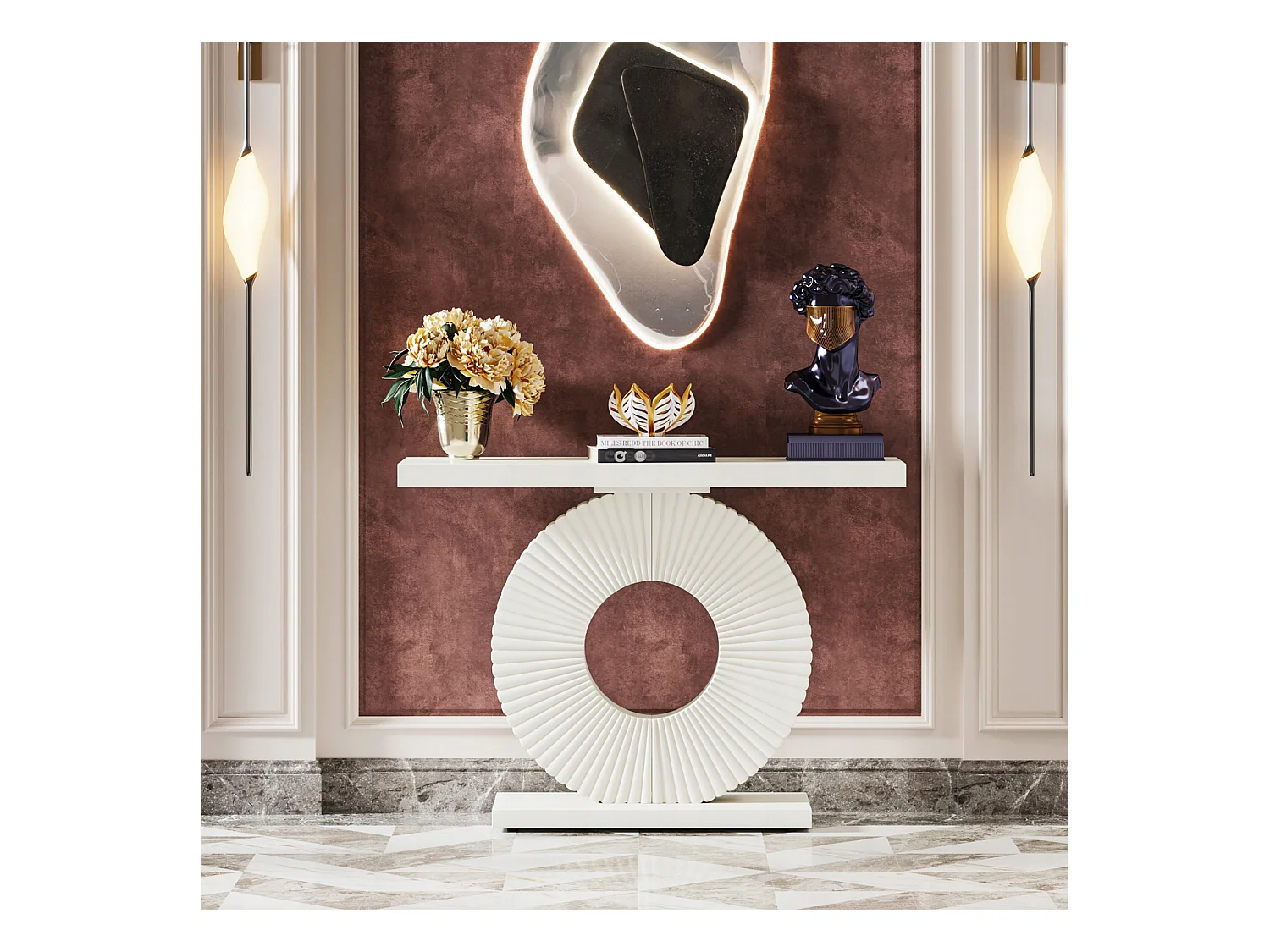 Stolik konsolowy, mebel do przedpokoju z okrągłą podstawą, 100 cm, stolik do przedpokoju, 100 x 30 x 79 cm, biały