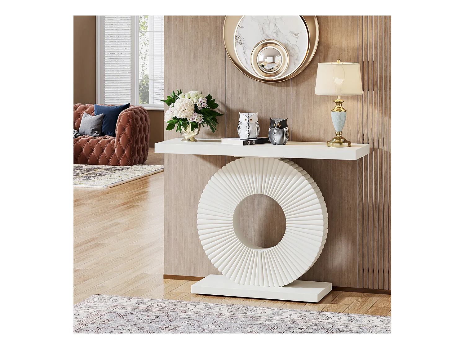 Stolik konsolowy, mebel do przedpokoju z okrągłą podstawą, 100 cm, stolik do przedpokoju, 100 x 30 x 79 cm, biały