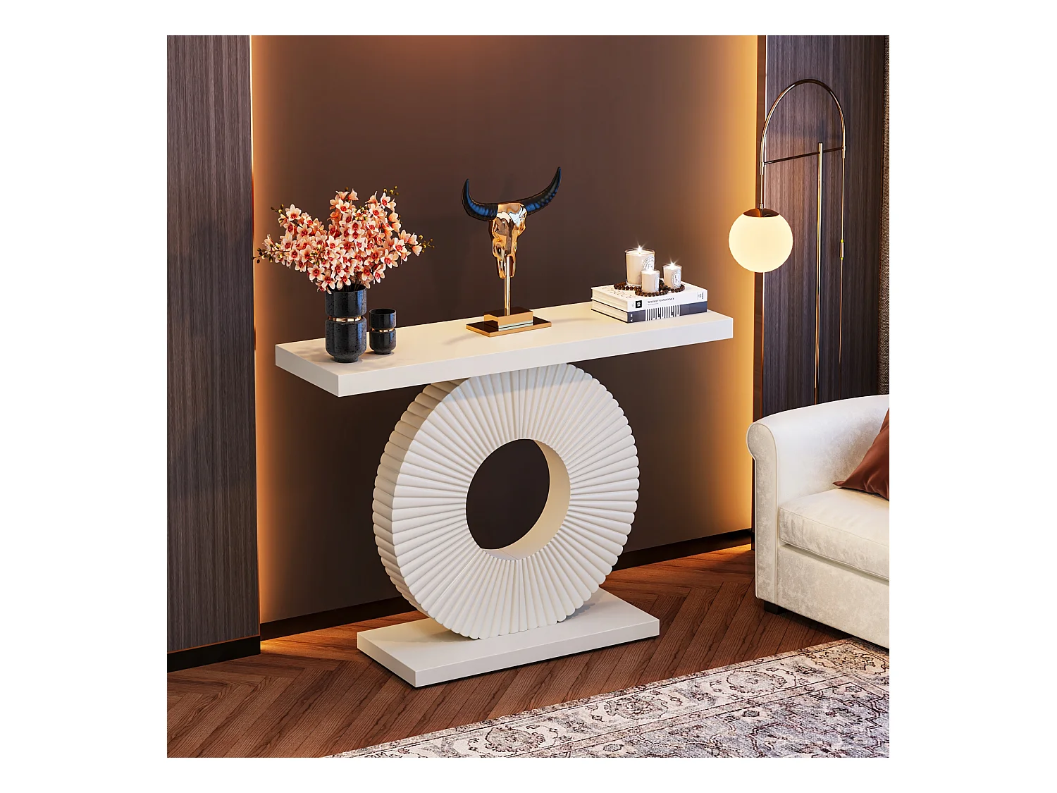 Stolik konsolowy, mebel do przedpokoju z okrągłą podstawą, 100 cm, stolik do przedpokoju, 100 x 30 x 79 cm, biały