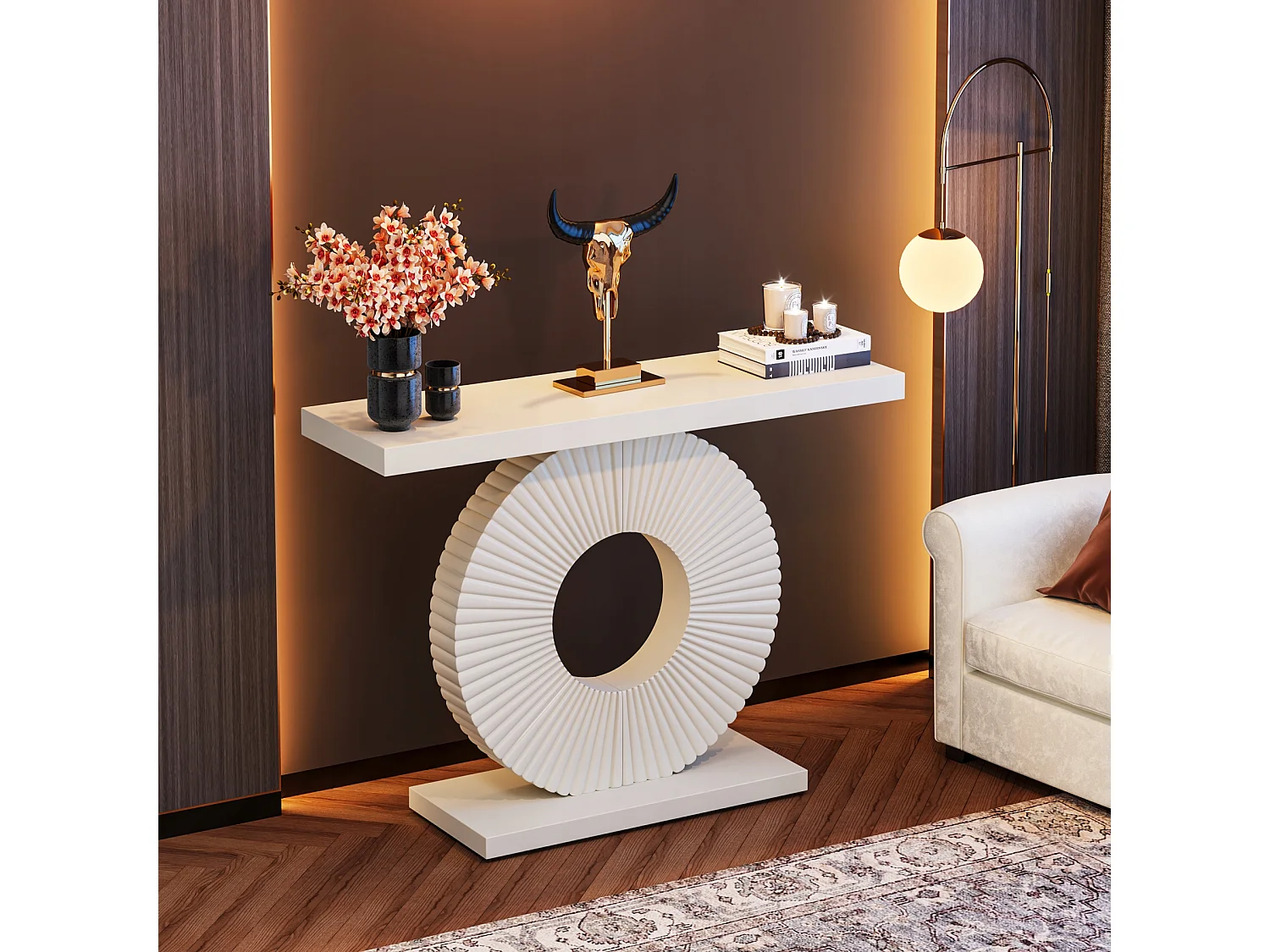 Table Console, Meuble d'Entrée avec Base Circulaire en Forme, Table d'Entrée de 100cm pour entrée Salon, Couloir, 100 x 30 x 79 cm, Blanc