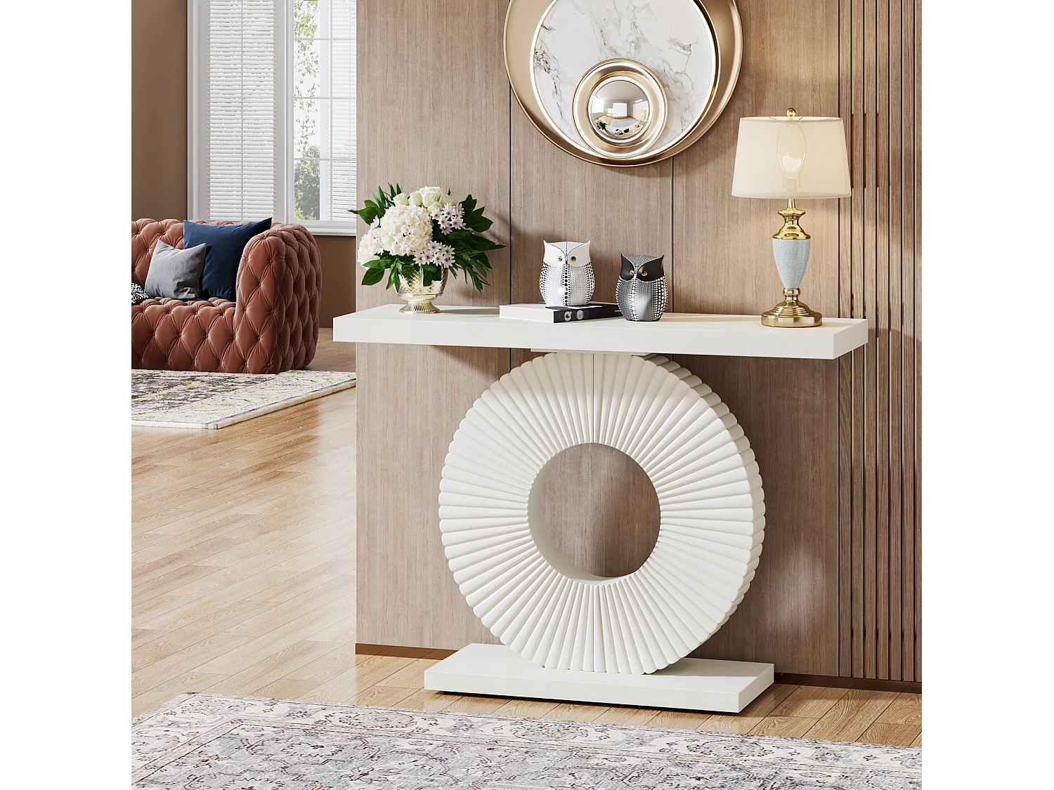 Table Console, Meuble d'Entrée avec Base Circulaire en Forme, Table d'Entrée de 100cm pour entrée Salon, Couloir, 100 x 30 x 79 cm, Blanc
