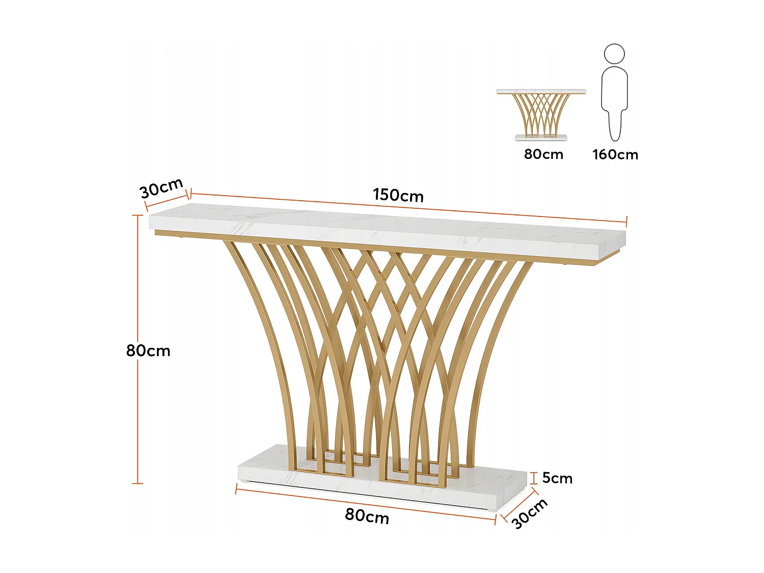 Table Console dorée - 150 x 29,5 x 80 cm - Moderne - avec Pied en métal en Forme de Grille - pour entrée, Couloir, entrée, Salon (Blanc)