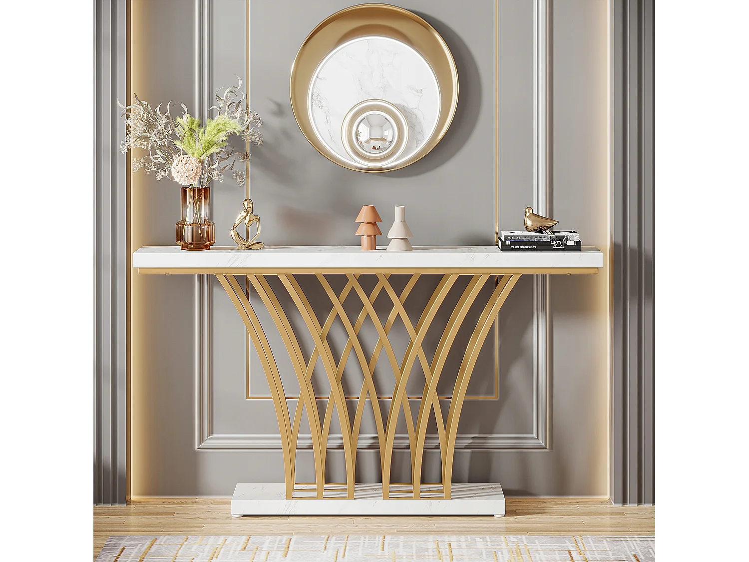 Table Console dorée - 150 x 29,5 x 80 cm - Moderne - avec Pied en métal en Forme de Grille - pour entrée, Couloir, entrée, Salon (Blanc)