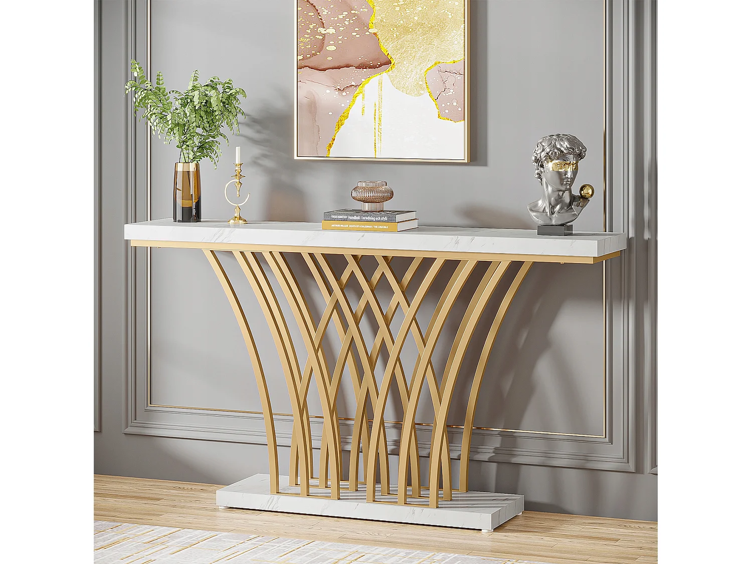 Table Console dorée - 150 x 29,5 x 80 cm - Moderne - avec Pied en métal en Forme de Grille - pour entrée, Couloir, entrée, Salon (Blanc)