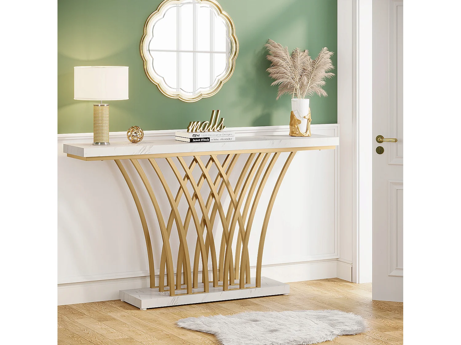 Table Console dorée - 150 x 29,5 x 80 cm - Moderne - avec Pied en métal en Forme de Grille - pour entrée, Couloir, entrée, Salon (Blanc)
