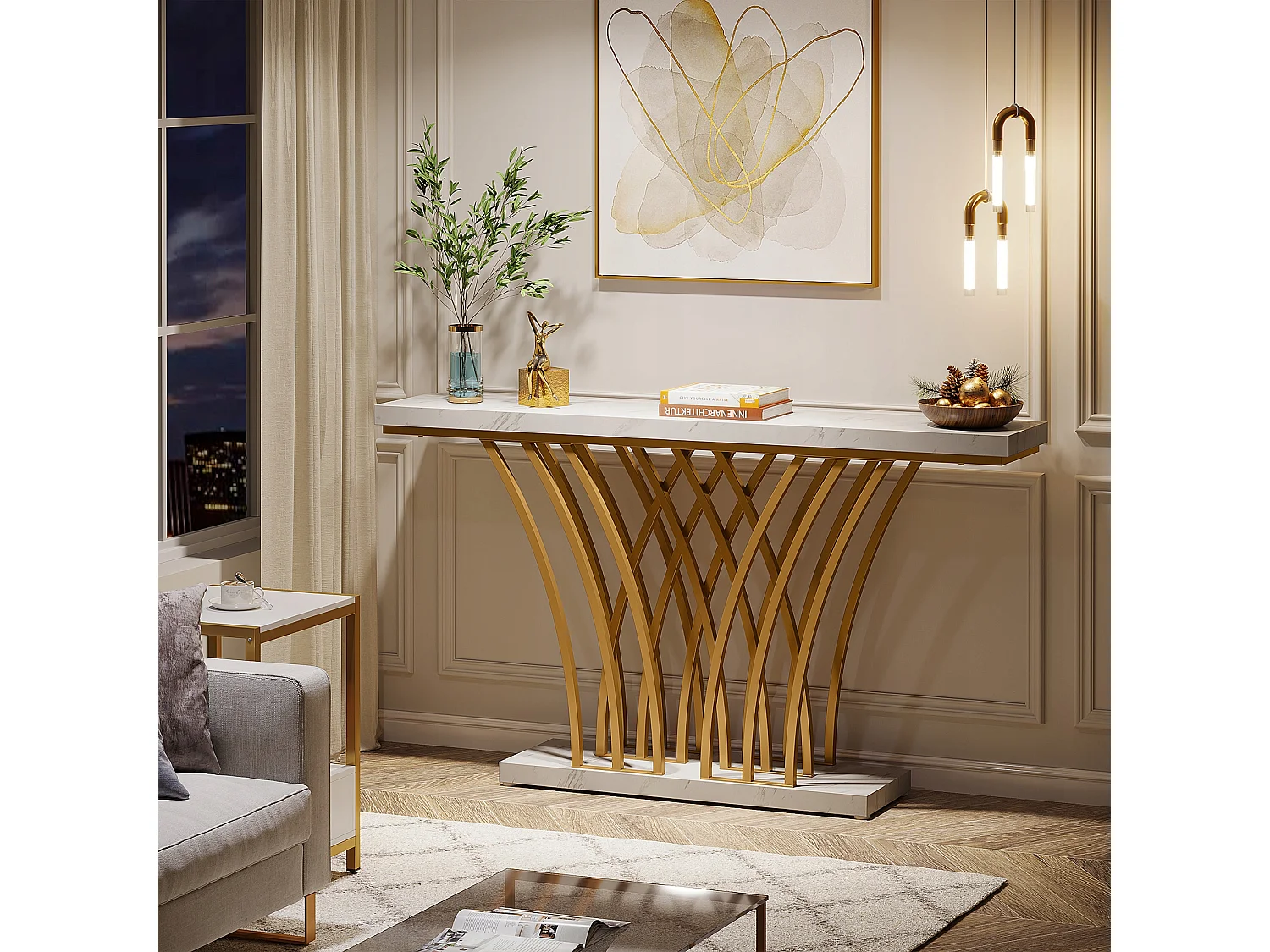 Table Console dorée - 150 x 29,5 x 80 cm - Moderne - avec Pied en métal en Forme de Grille - pour entrée, Couloir, entrée, Salon (Blanc)