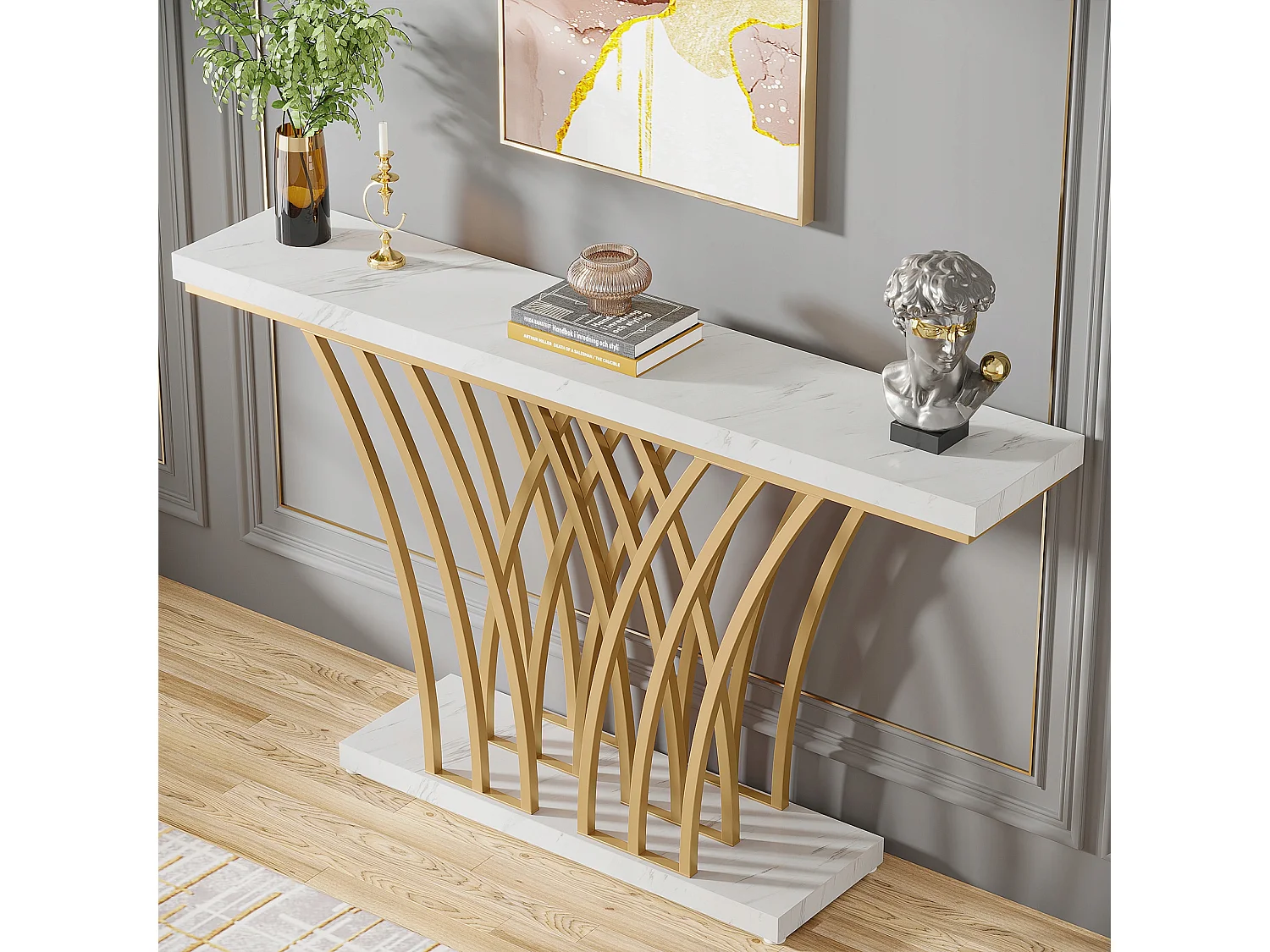 Table Console dorée - 150 x 29,5 x 80 cm - Moderne - avec Pied en métal en Forme de Grille - pour entrée, Couloir, entrée, Salon (Blanc)