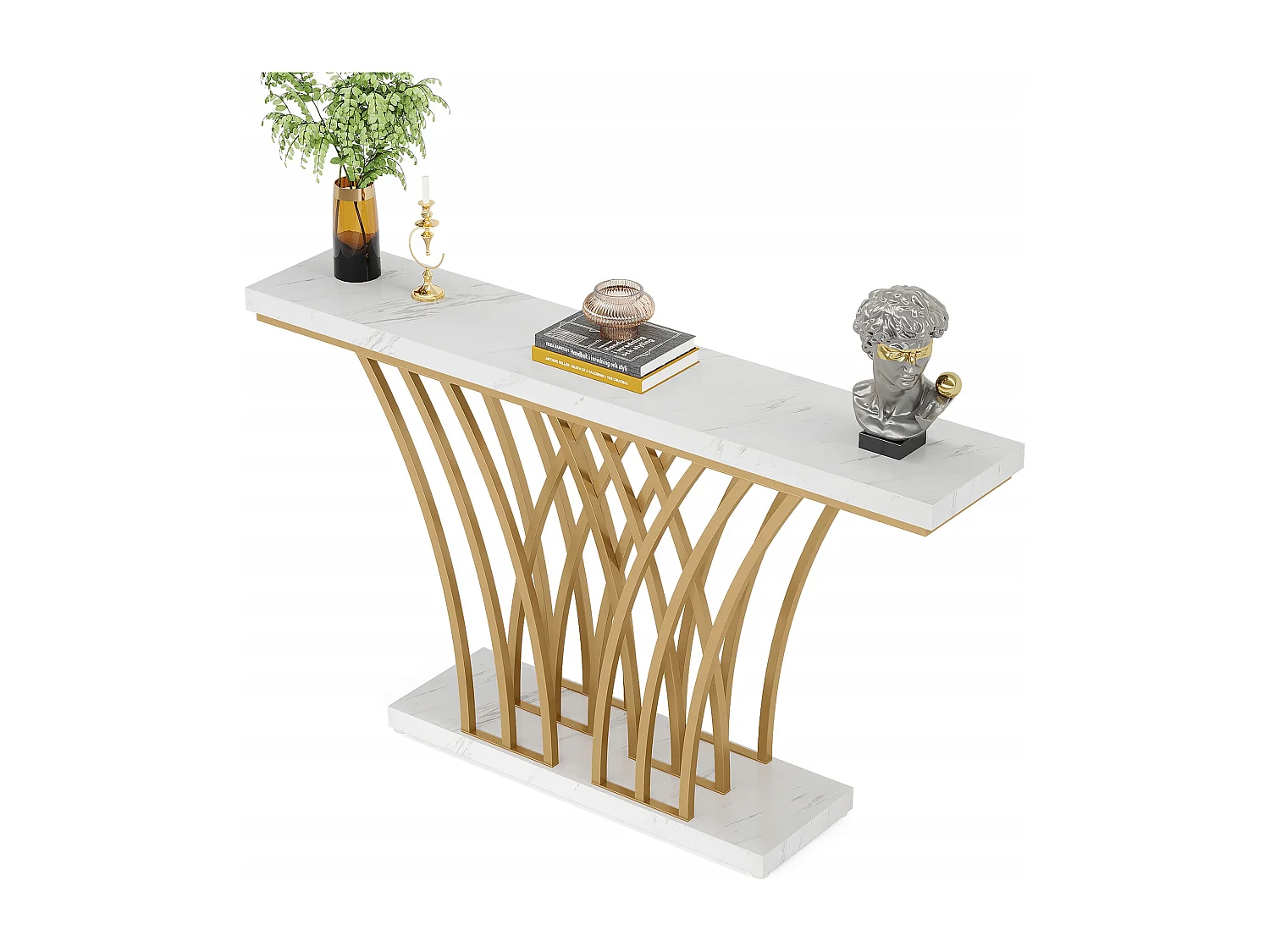 Table Console dorée - 150 x 29,5 x 80 cm - Moderne - avec Pied en métal en Forme de Grille - pour entrée, Couloir, entrée, Salon (Blanc)