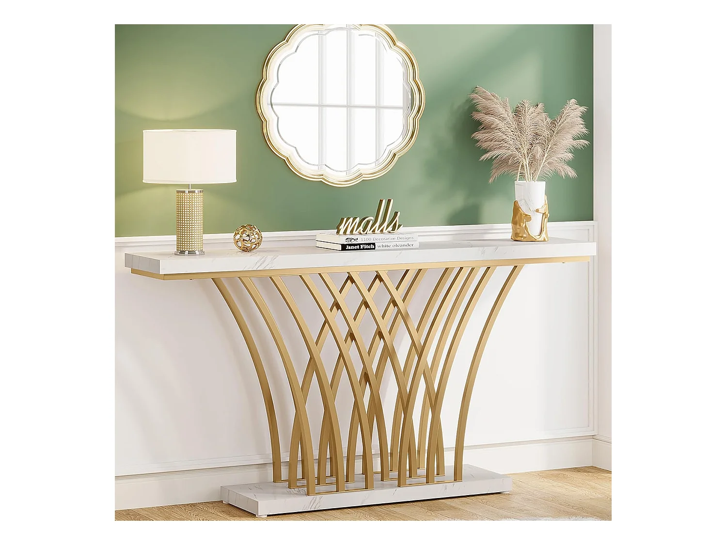 Table Console dorée - 150 x 29,5 x 80 cm - Moderne - avec Pied en métal en Forme de Grille - pour entrée, Couloir, entrée, Salon (Blanc)