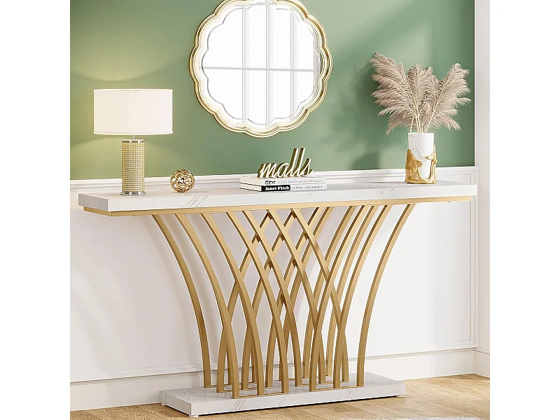 Table Console dorée - 150 x 29,5 x 80 cm - Moderne - avec Pied en métal en Forme de Grille - pour entrée, Couloir, entrée, Salon (Blanc)