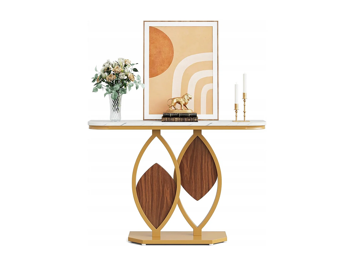 Table Console étroite, Meuble d'Entrée en Faux Marbre,Table d'entrée Scandinave avec Pieds en métal doré en Forme de 2 pétales