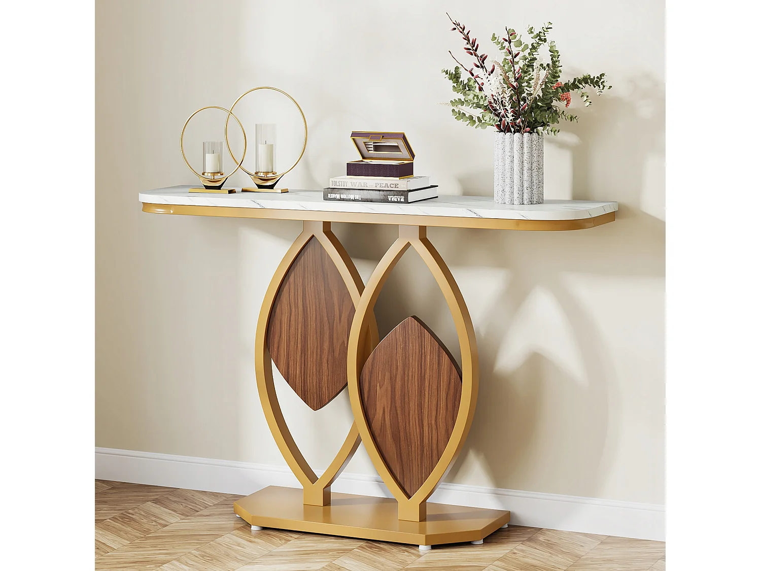 Table Console étroite, Meuble d'Entrée en Faux Marbre,Table d'entrée Scandinave avec Pieds en métal doré en Forme de 2 pétales