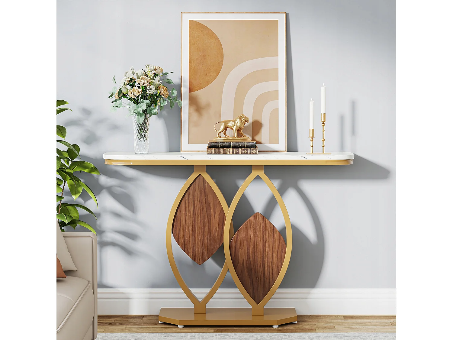 Table Console étroite, Meuble d'Entrée en Faux Marbre,Table d'entrée Scandinave avec Pieds en métal doré en Forme de 2 pétales