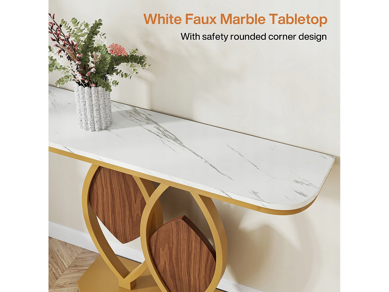 Table Console étroite, Meuble d'Entrée en Faux Marbre,Table d'entrée Scandinave avec Pieds en métal doré en Forme de 2 pétales