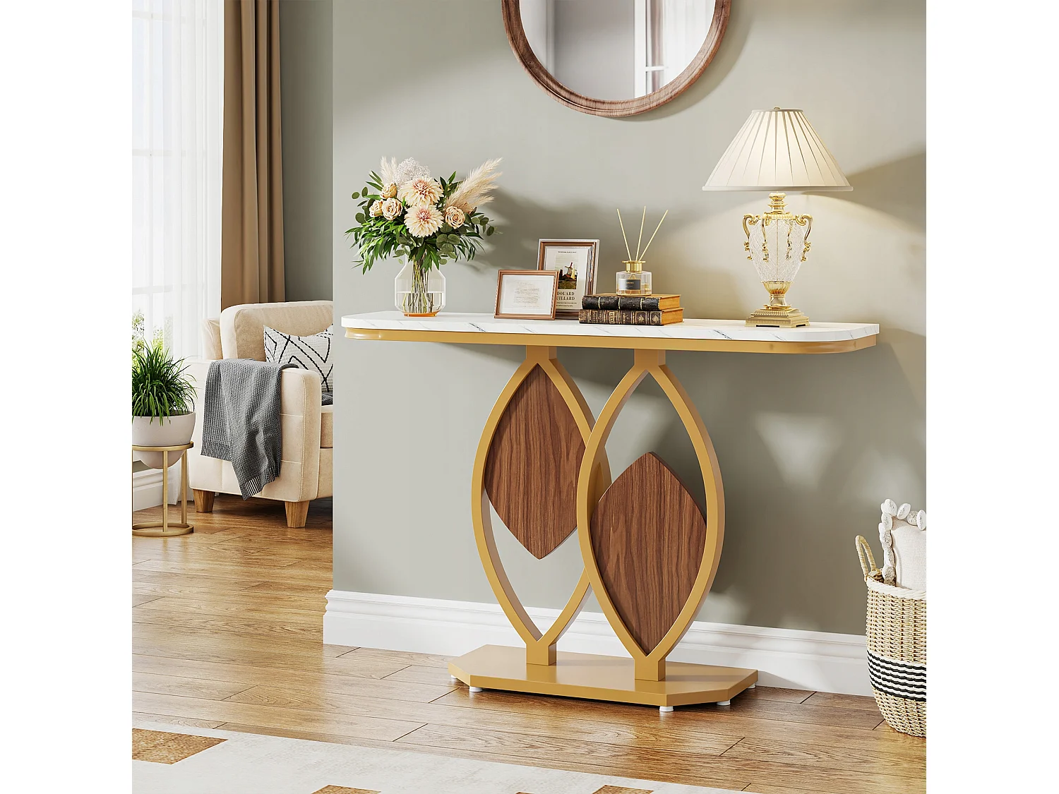 Table Console étroite, Meuble d'Entrée en Faux Marbre,Table d'entrée Scandinave avec Pieds en métal doré en Forme de 2 pétales