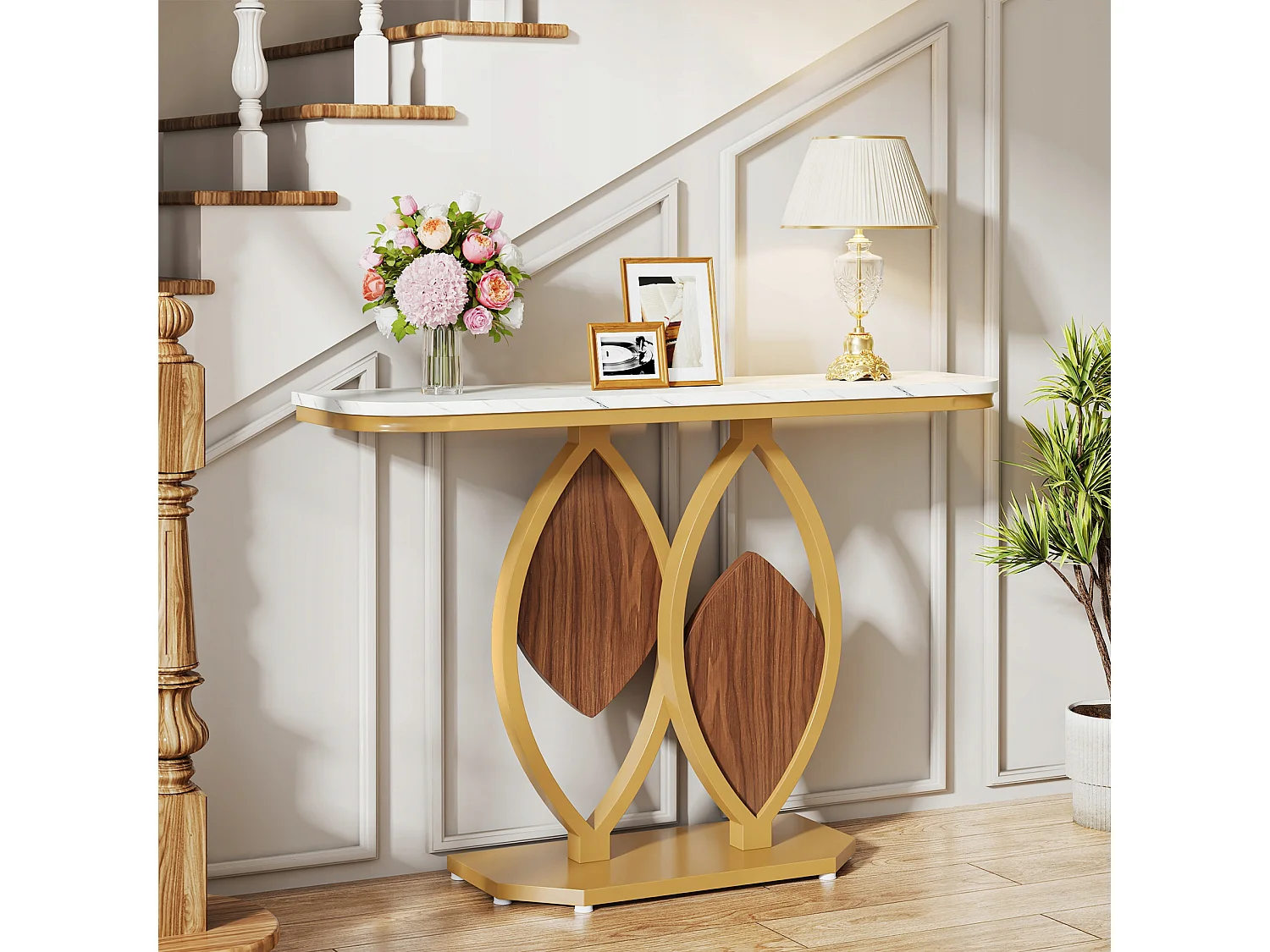 Table Console étroite, Meuble d'Entrée en Faux Marbre,Table d'entrée Scandinave avec Pieds en métal doré en Forme de 2 pétales