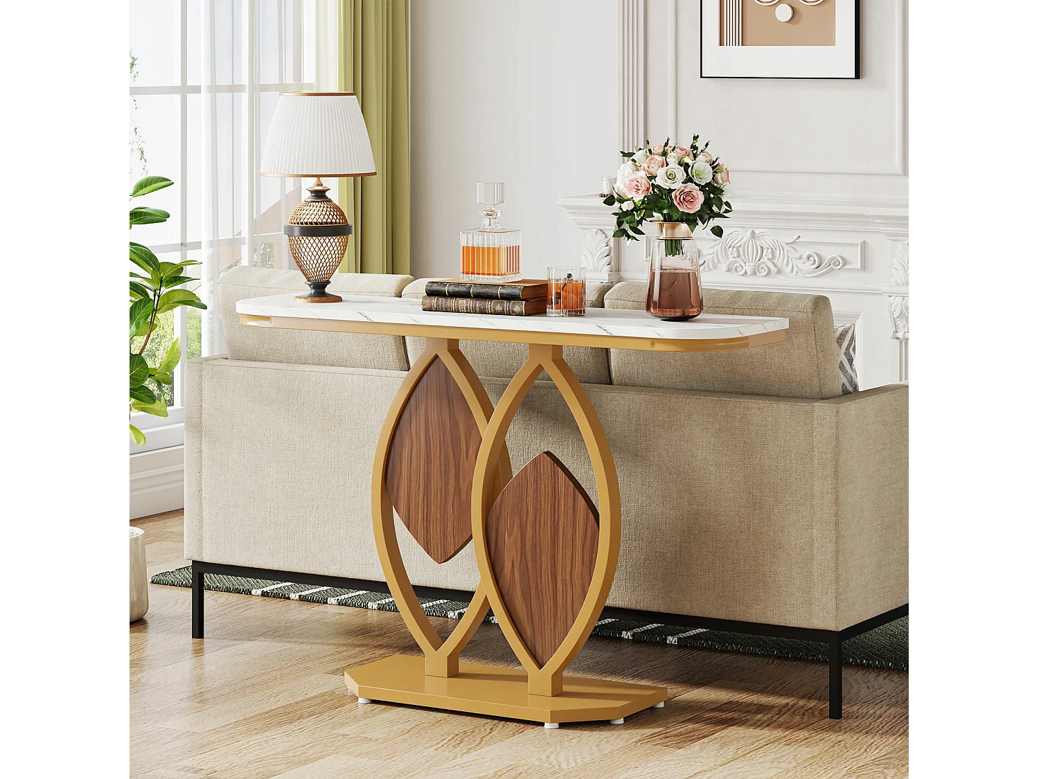 Table Console étroite, Meuble d'Entrée en Faux Marbre,Table d'entrée Scandinave avec Pieds en métal doré en Forme de 2 pétales