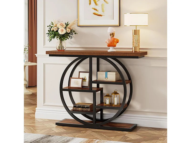 Table console industrielle à 6 niveaux avec base circulaire - Table d'appoint étroite en bois avec étagères de rangement pour salon