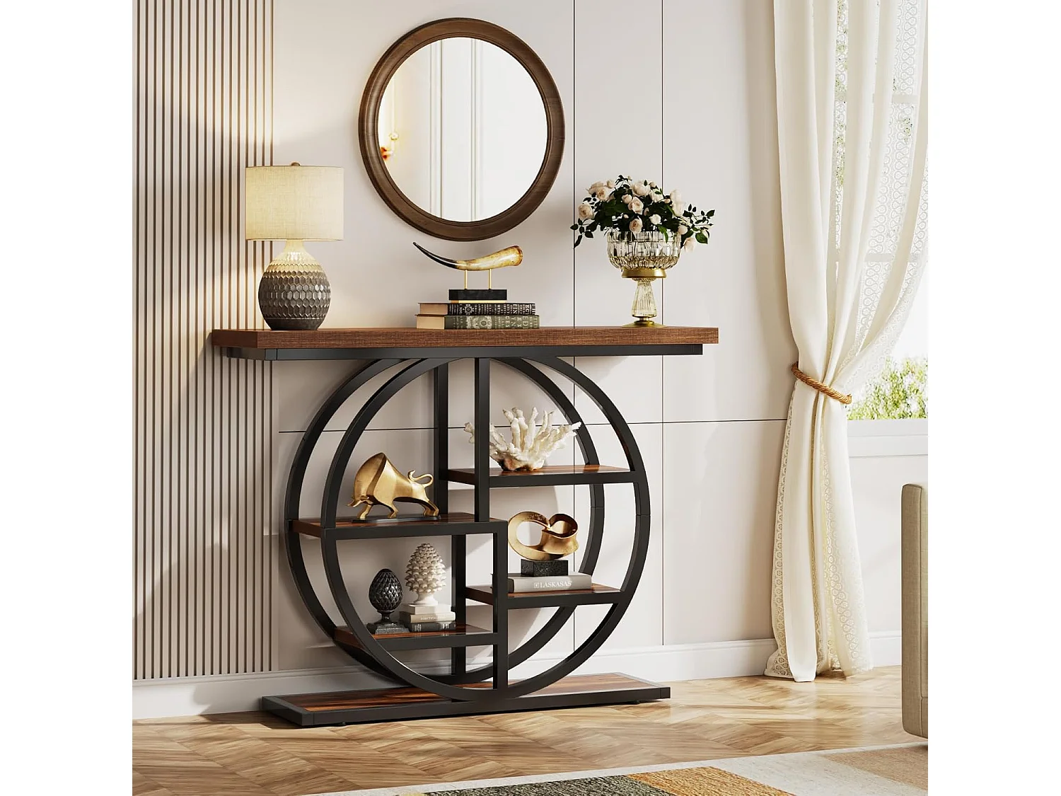 Table console industrielle à 6 niveaux avec base circulaire - Table d'appoint étroite en bois avec étagères de rangement pour salon