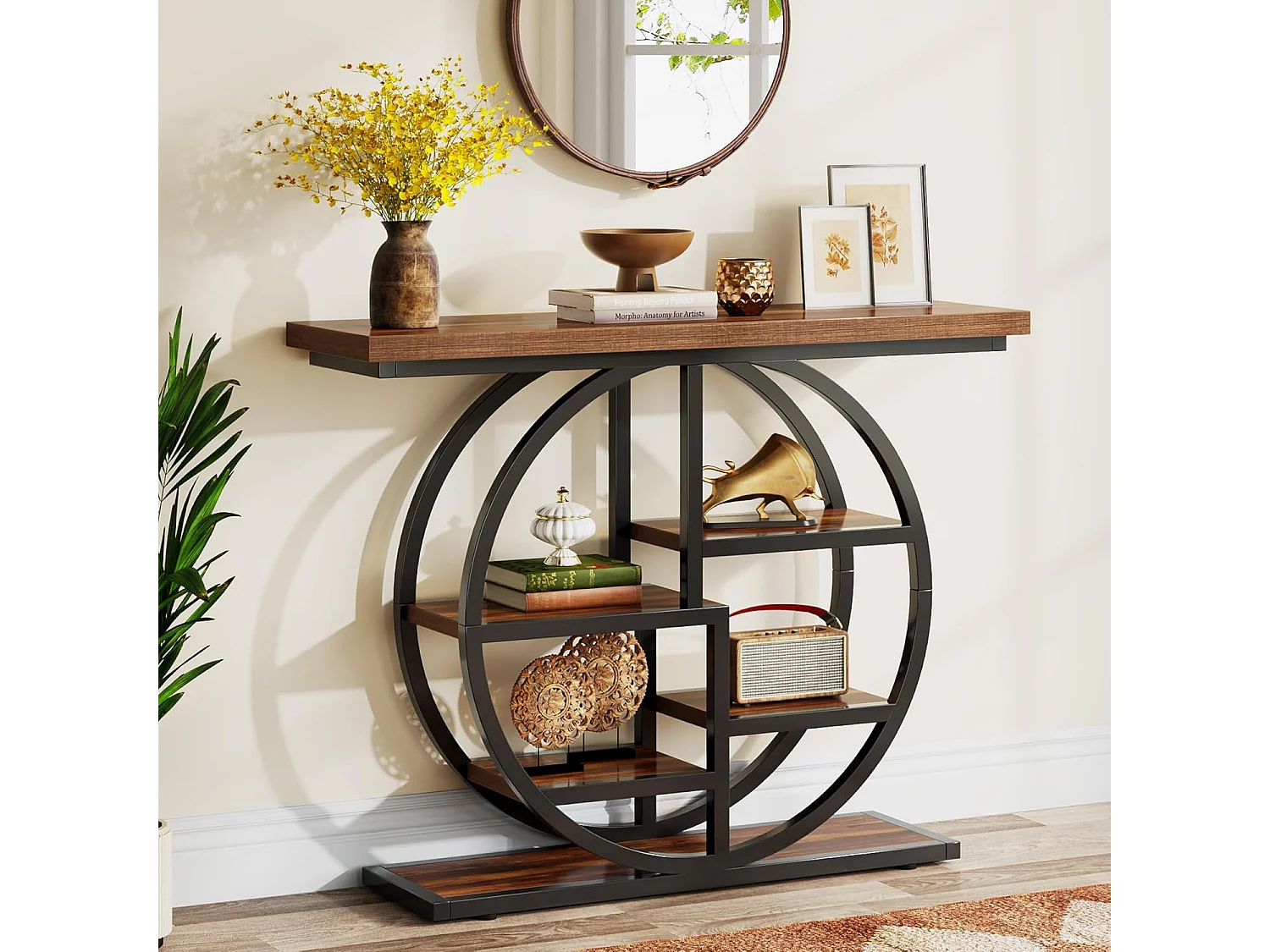 Table console industrielle à 6 niveaux avec base circulaire - Table d'appoint étroite en bois avec étagères de rangement pour salon