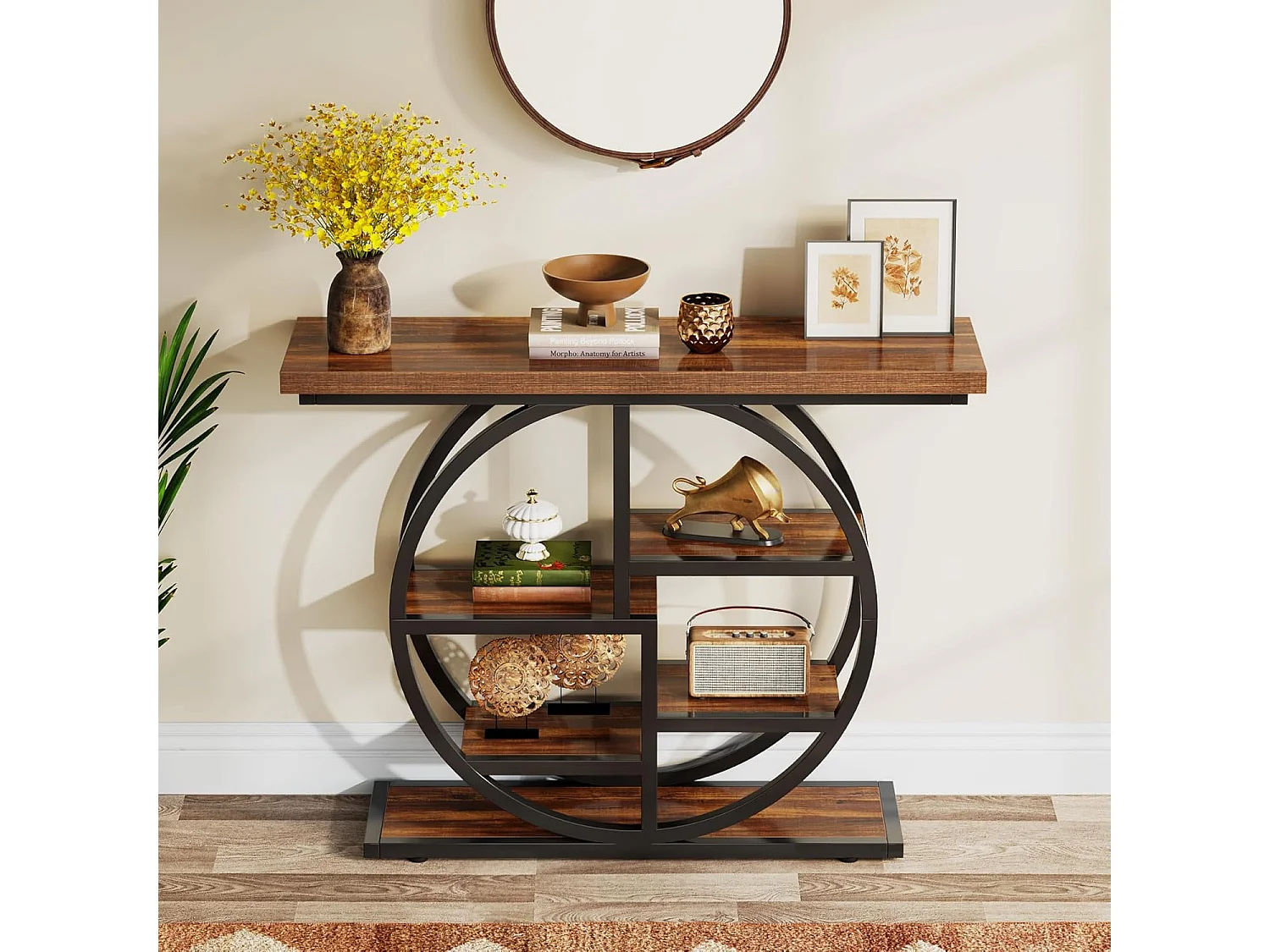 Table console industrielle à 6 niveaux avec base circulaire - Table d'appoint étroite en bois avec étagères de rangement pour salon