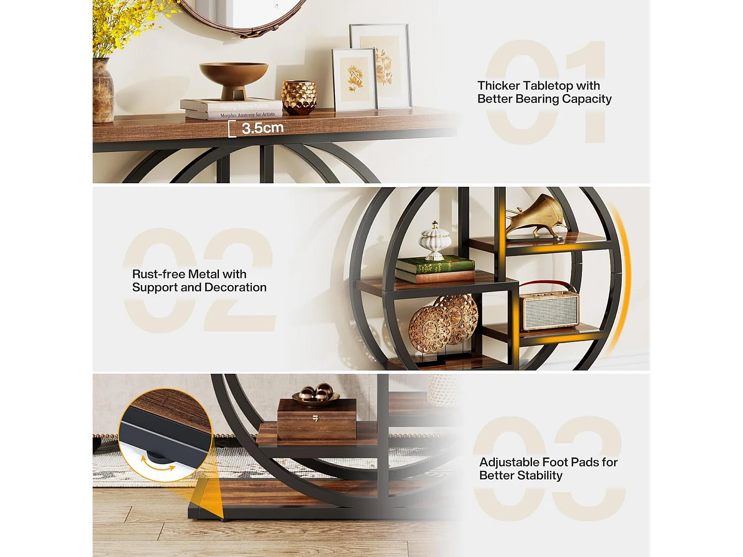 Table console industrielle à 6 niveaux avec base circulaire - Table d'appoint étroite en bois avec étagères de rangement pour salon