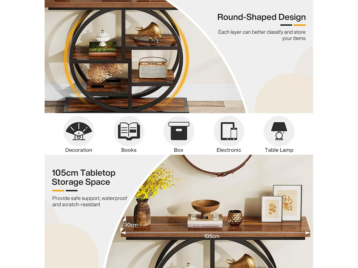 Table console industrielle à 6 niveaux avec base circulaire - Table d'appoint étroite en bois avec étagères de rangement pour salon
