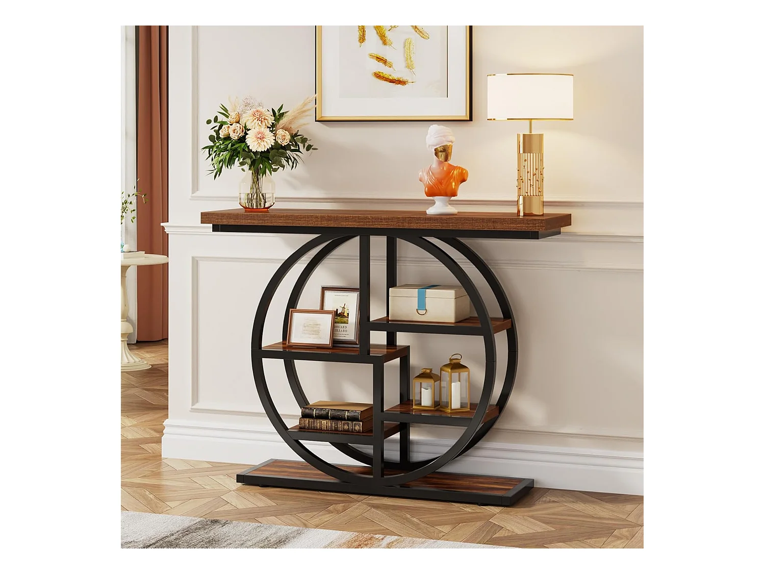 Table console industrielle à 6 niveaux avec base circulaire - Table d'appoint étroite en bois avec étagères de rangement pour salon