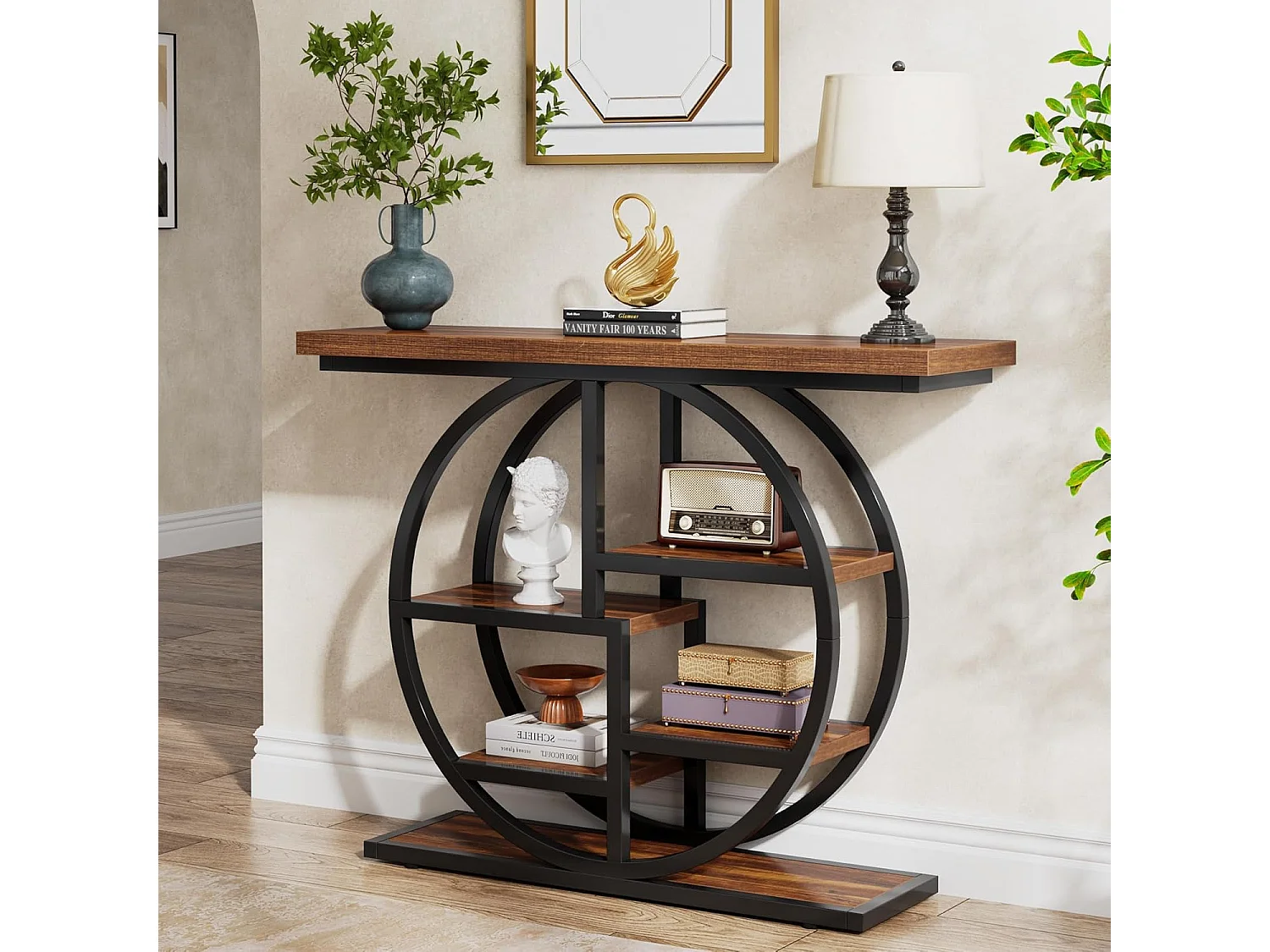 Table console industrielle à 6 niveaux avec base circulaire - Table d'appoint étroite en bois avec étagères de rangement pour salon