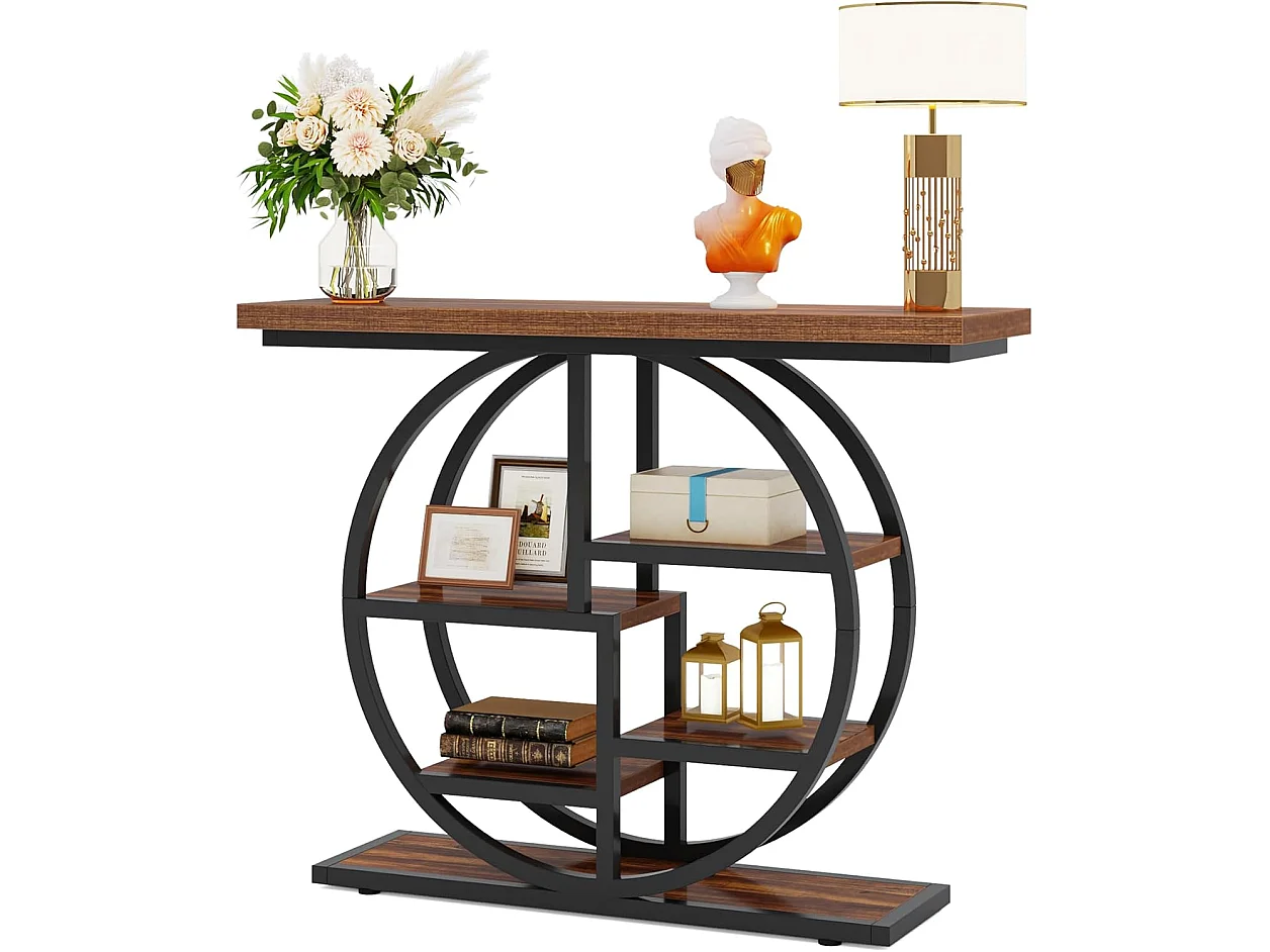 Table console industrielle à 6 niveaux avec base circulaire - Table d'appoint étroite en bois avec étagères de rangement pour salon