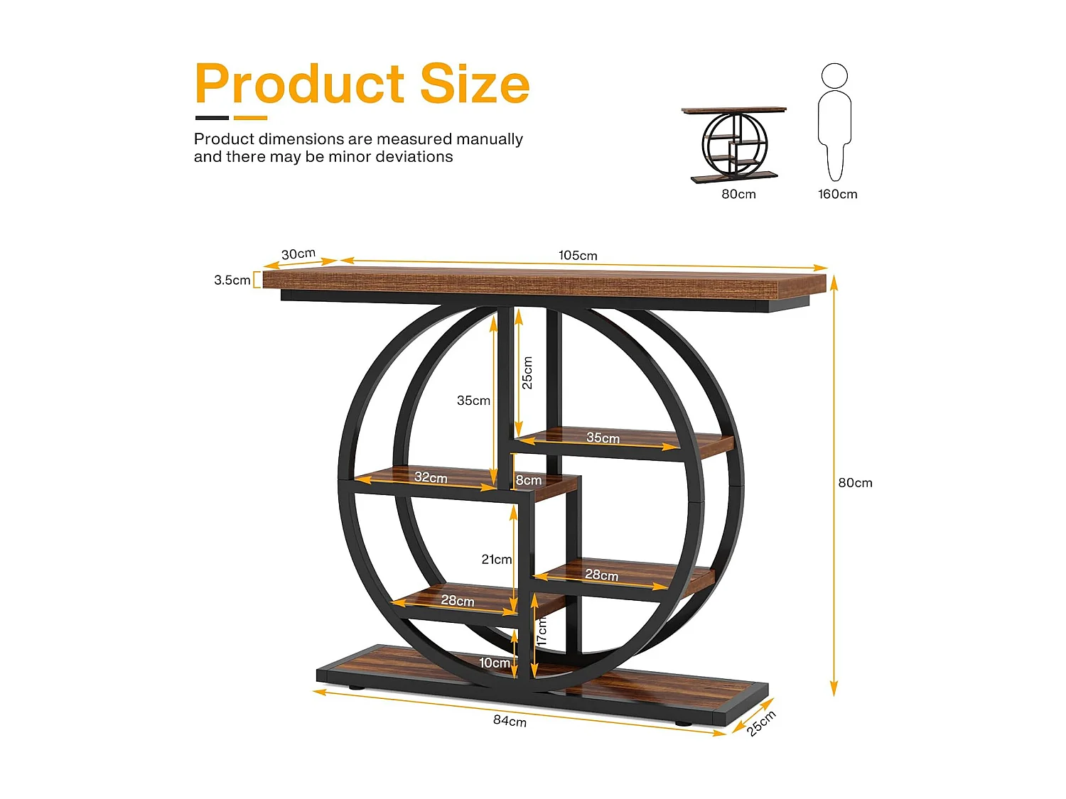 Table console industrielle à 6 niveaux avec base circulaire - Table d'appoint étroite en bois avec étagères de rangement pour salon