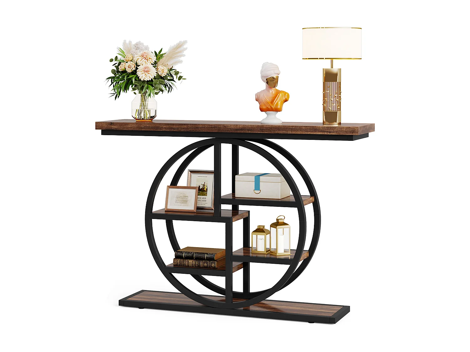Table console industrielle à 6 niveaux avec base circulaire - Table d'appoint étroite en bois avec étagères de rangement pour salon