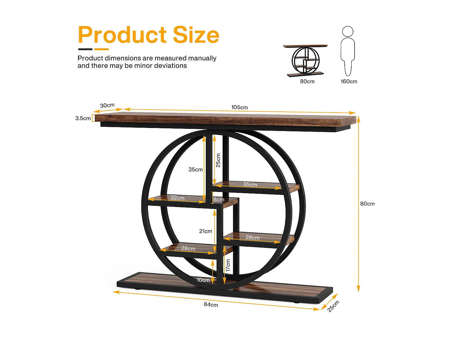 Table console industrielle à 6 niveaux avec base circulaire - Table d'appoint étroite en bois avec étagères de rangement pour salon