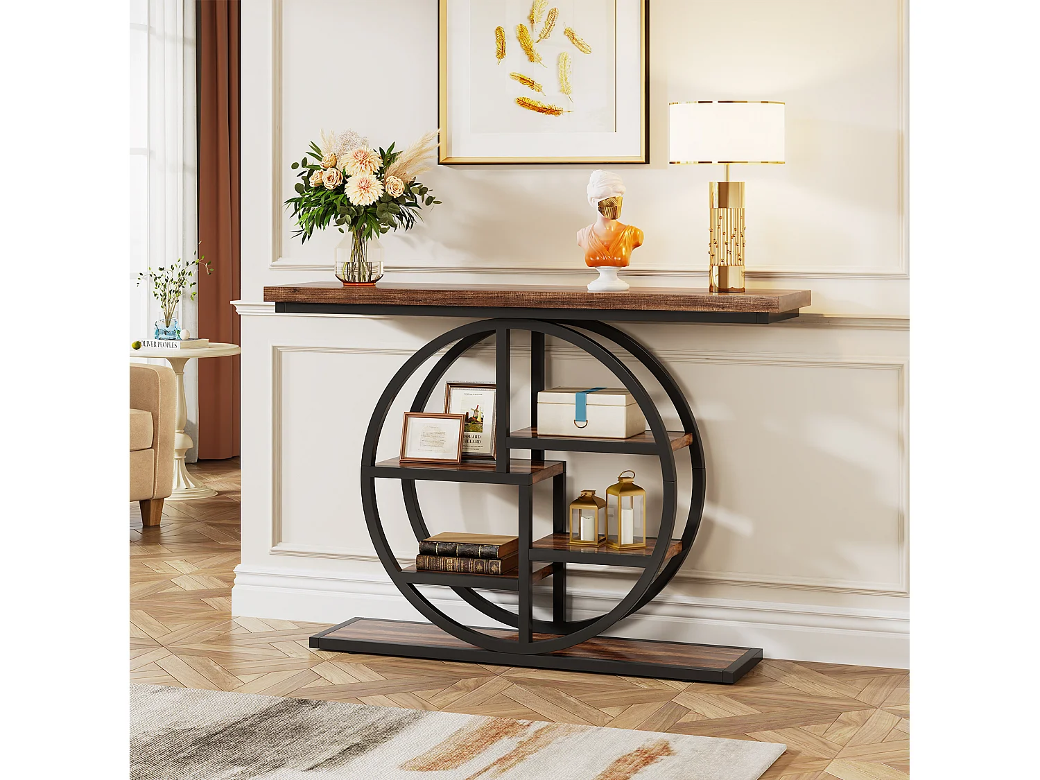 Table console industrielle à 6 niveaux avec base circulaire - Table d'appoint étroite en bois avec étagères de rangement pour salon