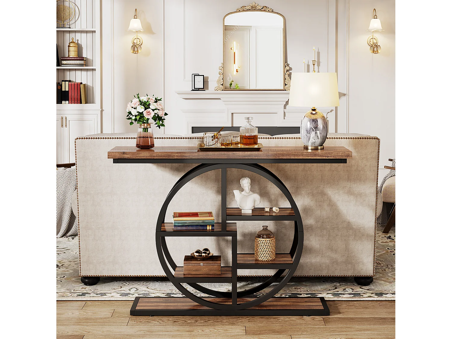 Table console industrielle à 6 niveaux avec base circulaire - Table d'appoint étroite en bois avec étagères de rangement pour salon