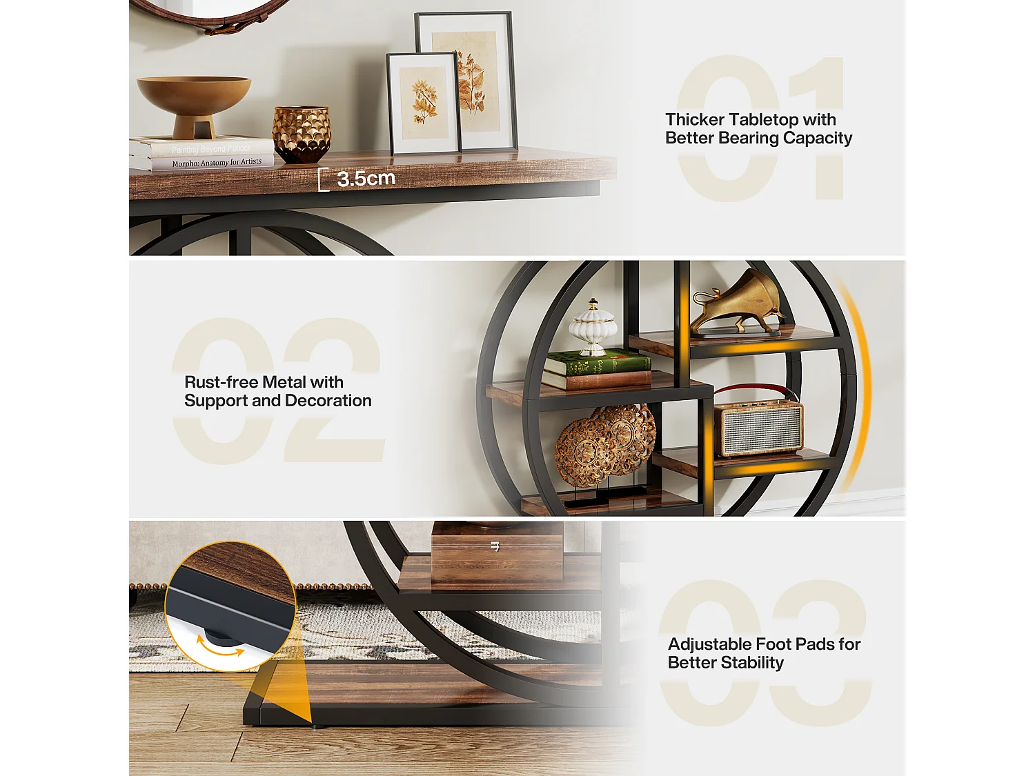 Table console industrielle à 6 niveaux avec base circulaire - Table d'appoint étroite en bois avec étagères de rangement pour salon