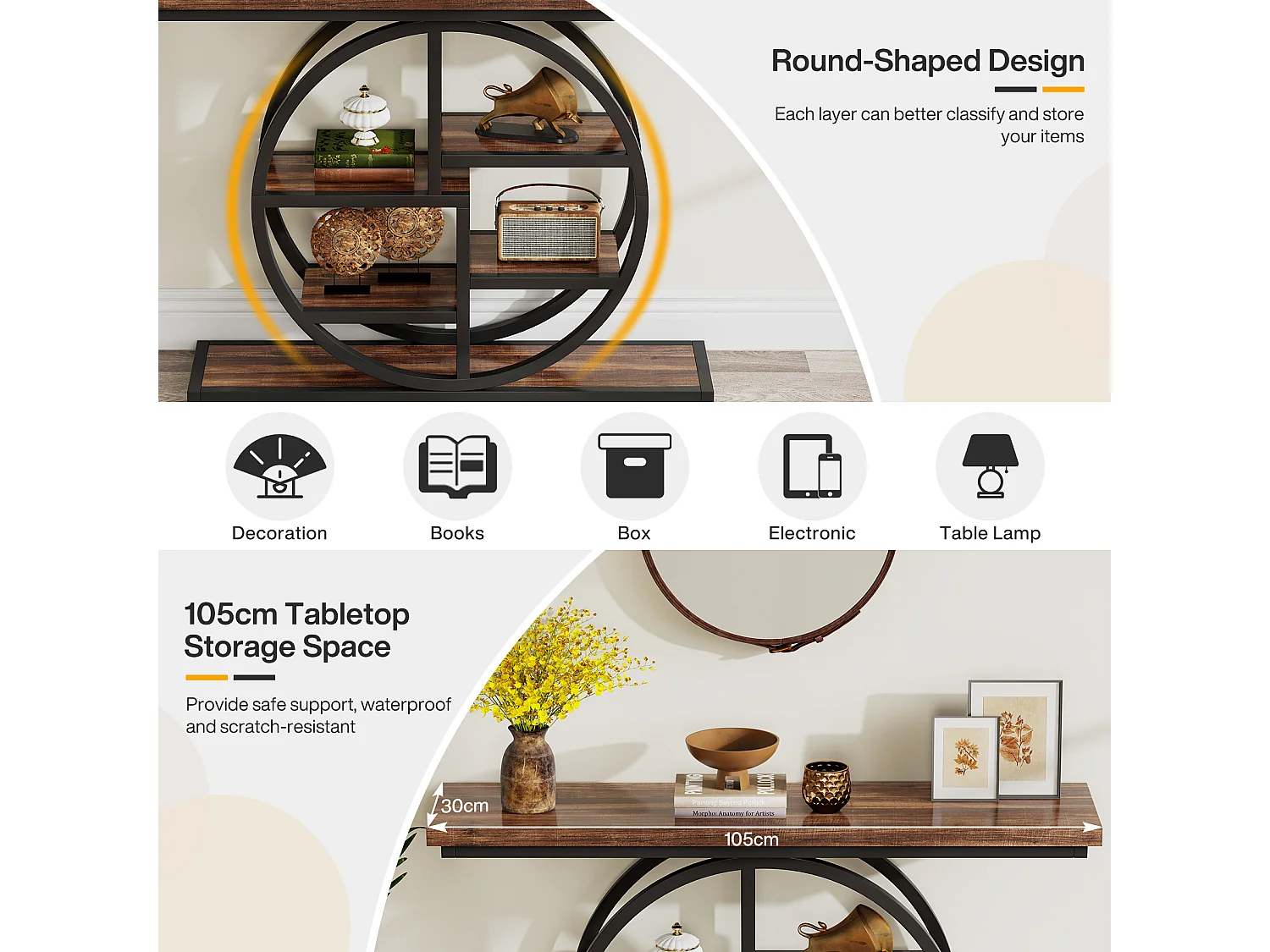 Table console industrielle à 6 niveaux avec base circulaire - Table d'appoint étroite en bois avec étagères de rangement pour salon