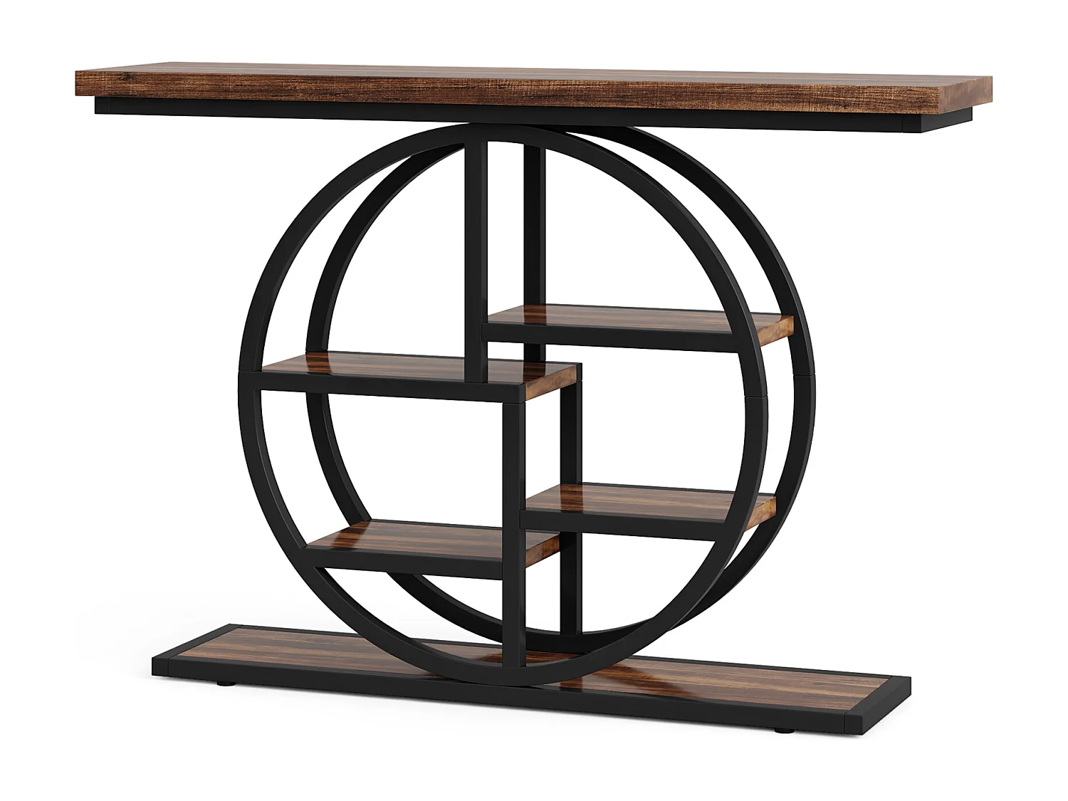 Table console industrielle à 6 niveaux avec base circulaire - Table d'appoint étroite en bois avec étagères de rangement pour salon