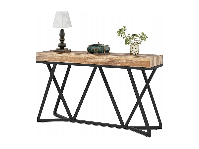 Table Console de 140cm, Table d'entrée en Bois avec Base en métal Unique, Table Basse, Table de Foyer, Table d'accentuation Industrielle
