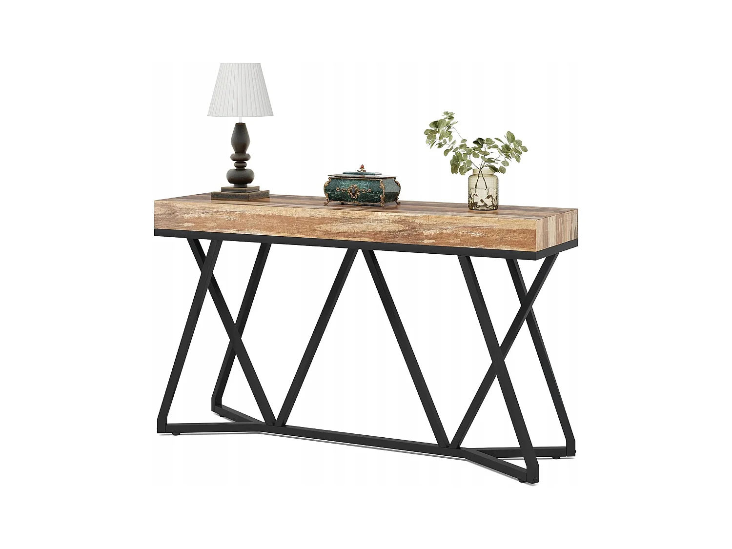 Table Console de 140cm, Table d'entrée en Bois avec Base en métal Unique, Table Basse, Table de Foyer, Table d'accentuation Industrielle
