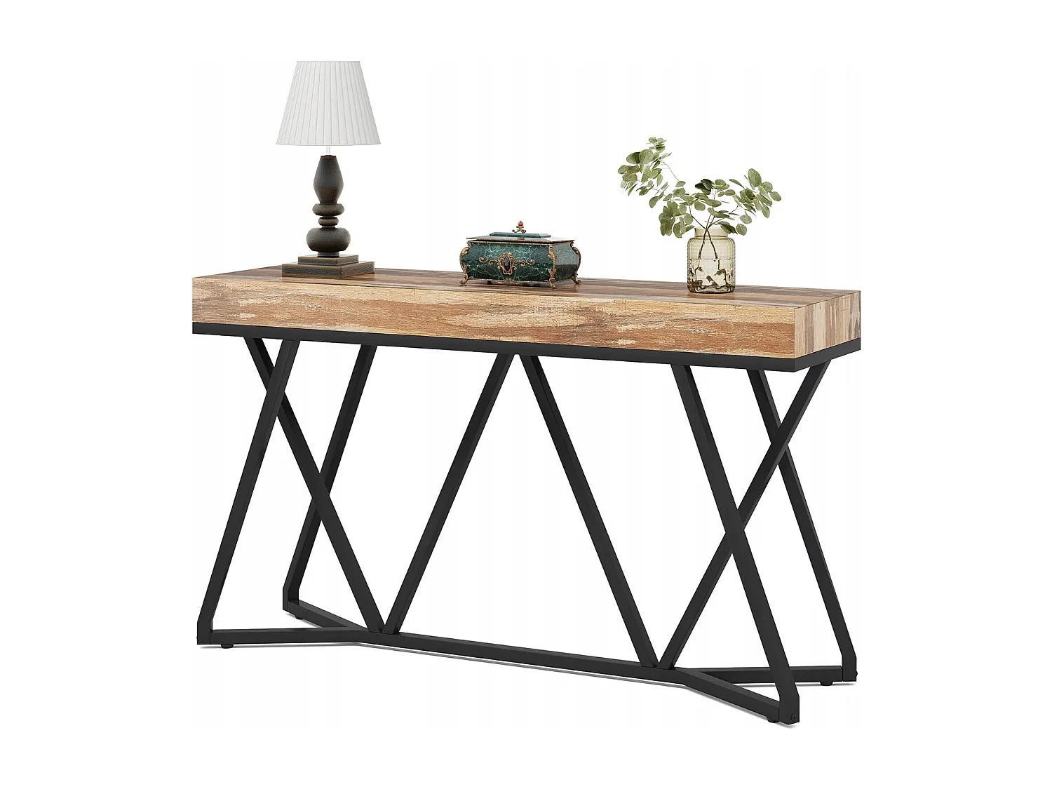 Table Console de 140cm, Table d'entrée en Bois avec Base en métal Unique, Table Basse, Table de Foyer, Table d'accentuation Industrielle