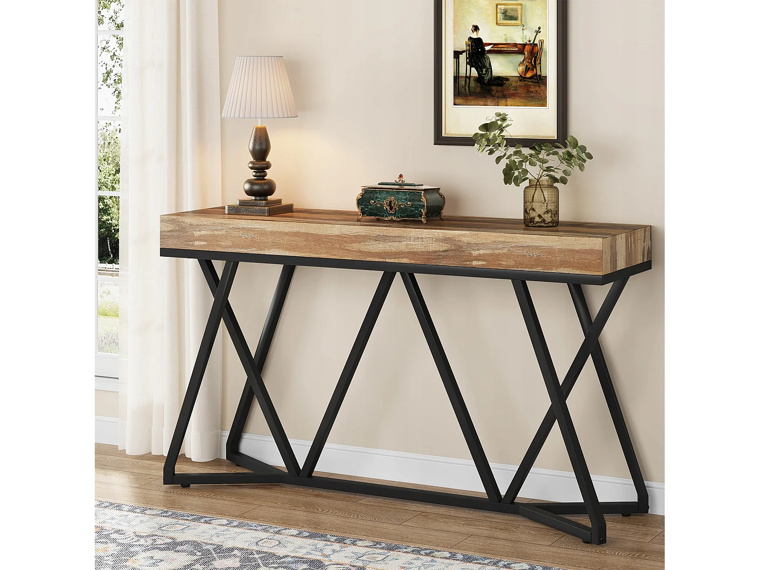 Table Console de 140cm, Table d'entrée en Bois avec Base en métal Unique, Table Basse, Table de Foyer, Table d'accentuation Industrielle